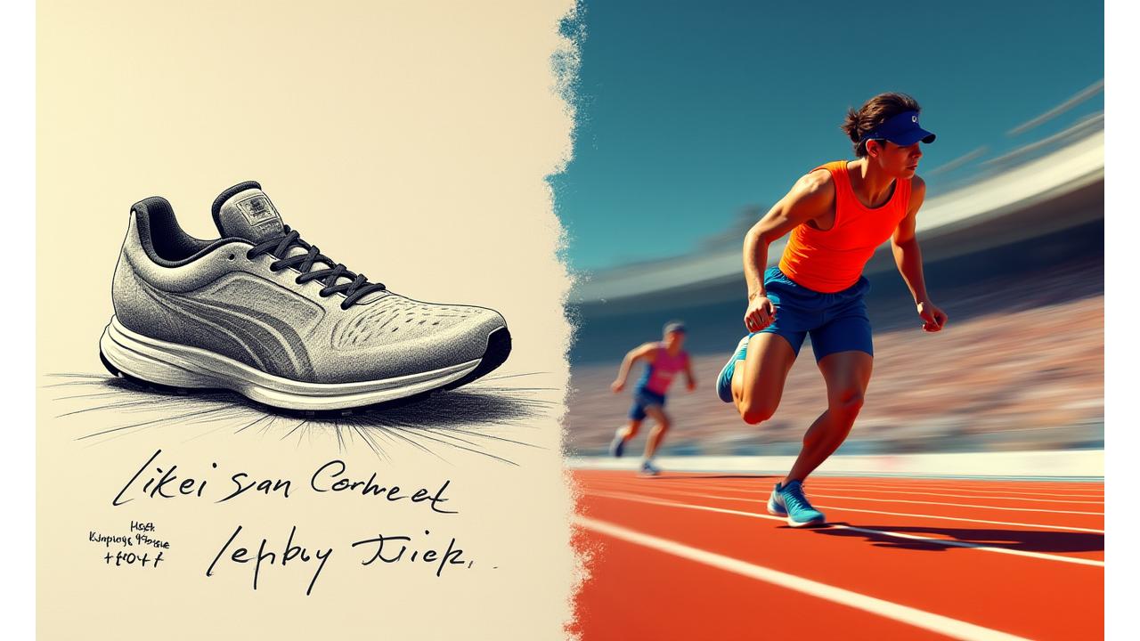 Horizon Peak Athletics의 첫 운동화 디자인 스케치와 창업자의 올림픽 경기 사진이 콜라주 된 이미지