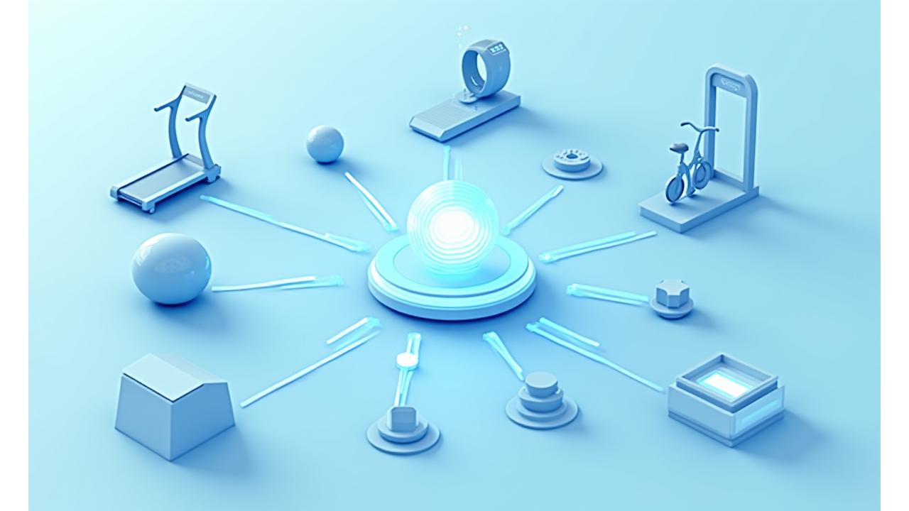 다양한 스포츠 기기와 스마트 기기가 연결된 IoT 생태계 다이어그램